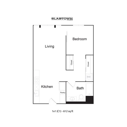 Floor plan for 1 bed, 1 bath, 612 sqft